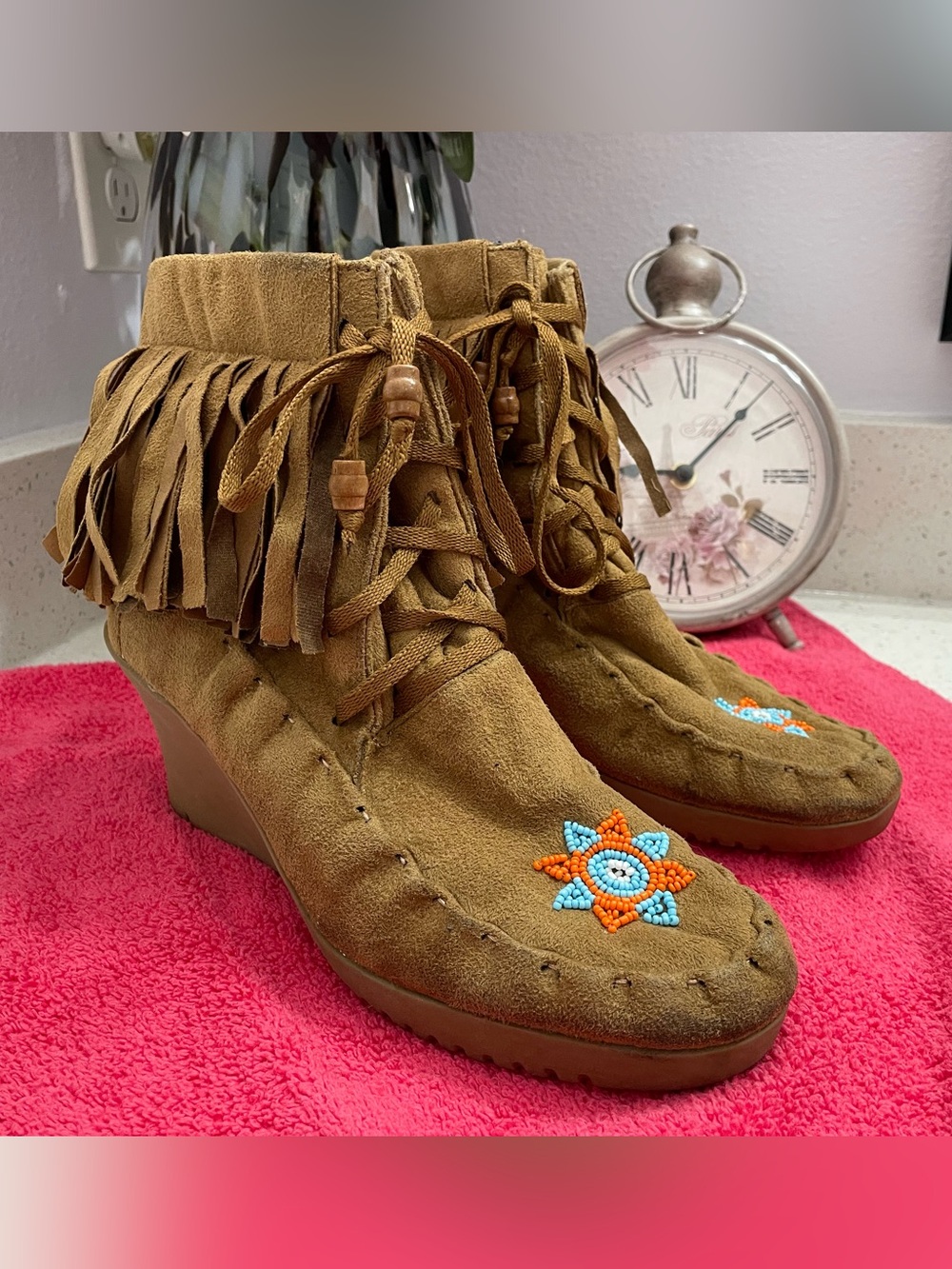 143 Girl Fringed Moccasin Style Wedge Ankle Boots - Brown